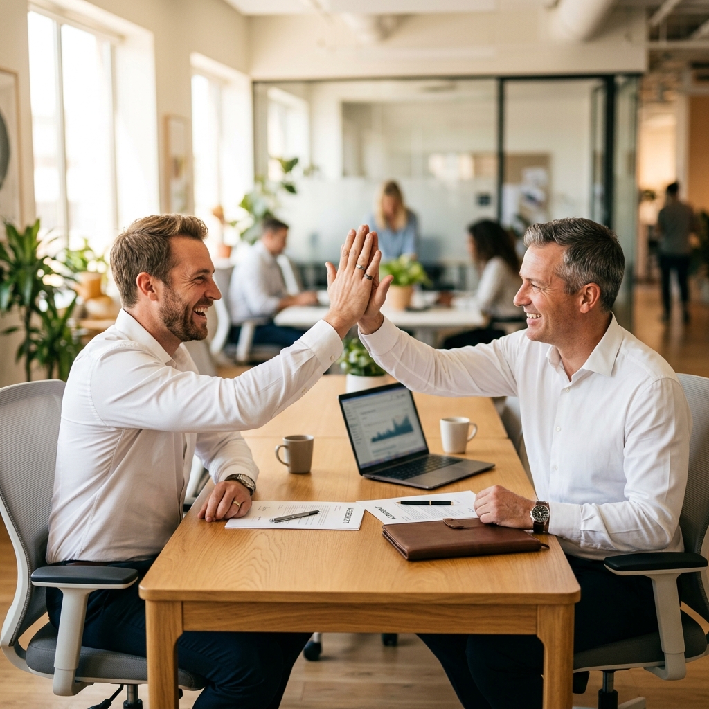 Dois executivos em camisa social fechando negócio